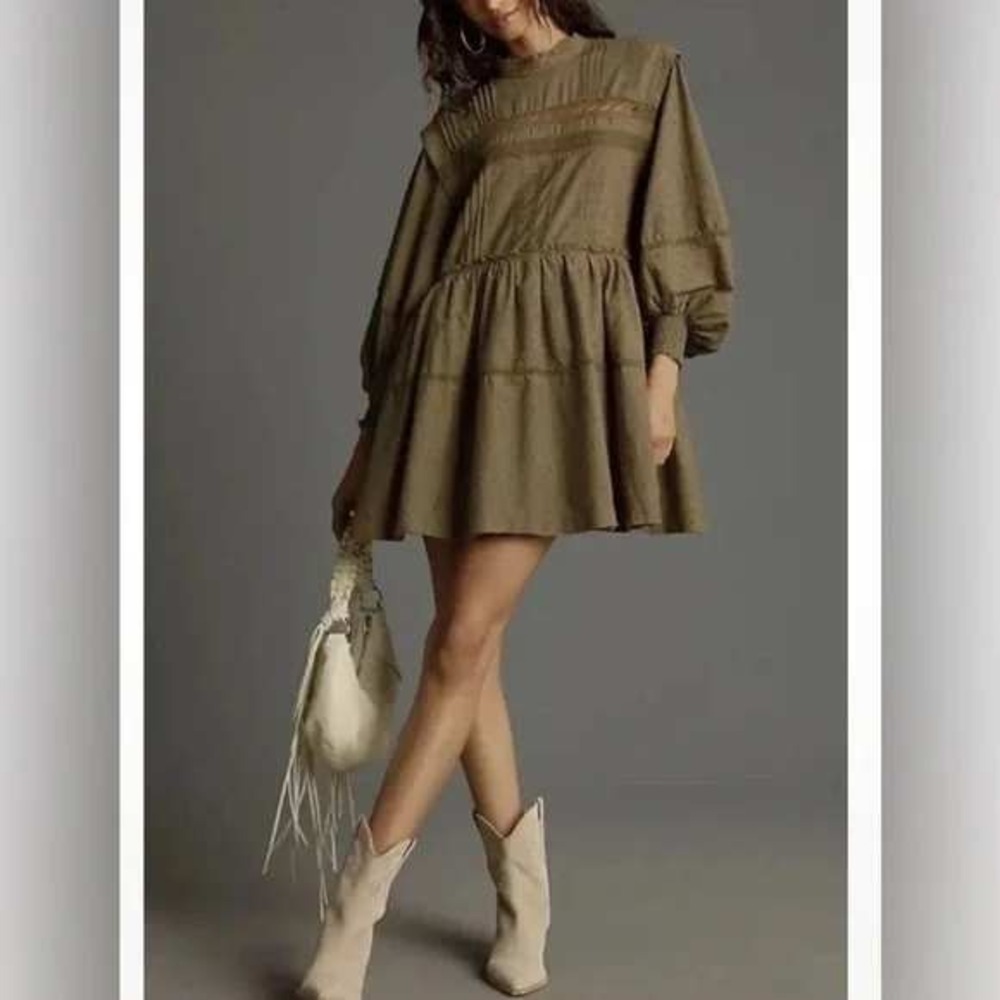 Anthropologie Pilcro Mock Neck Swing Mini Dress Olive Green Babydoll Lace Dress - Picture 4 of 12